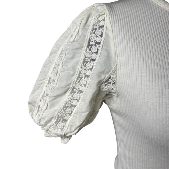 J. Crew Ivory Ribbed Puff Sleeve Lace Trim Stretch Blouse Boho Cottage Women XS - Picture 2 of 9